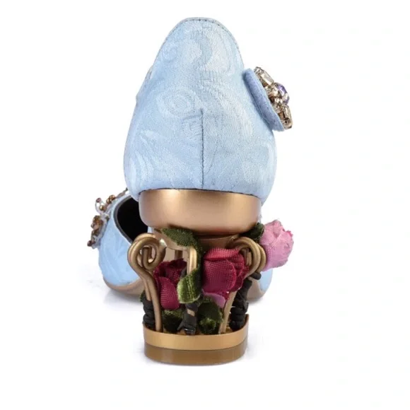 Handmade Blue Brocade Crystal Cage Shoes - Picture 8 of 9